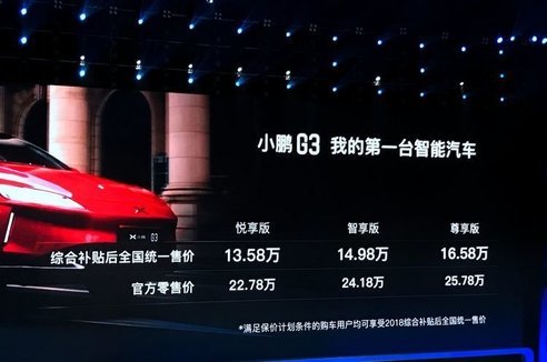 小鹏G3正式上市 补贴后13.58万起